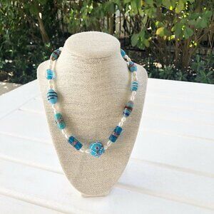 NWT Genuine Murano Glass & Pearls Beaded Necklace Blue White